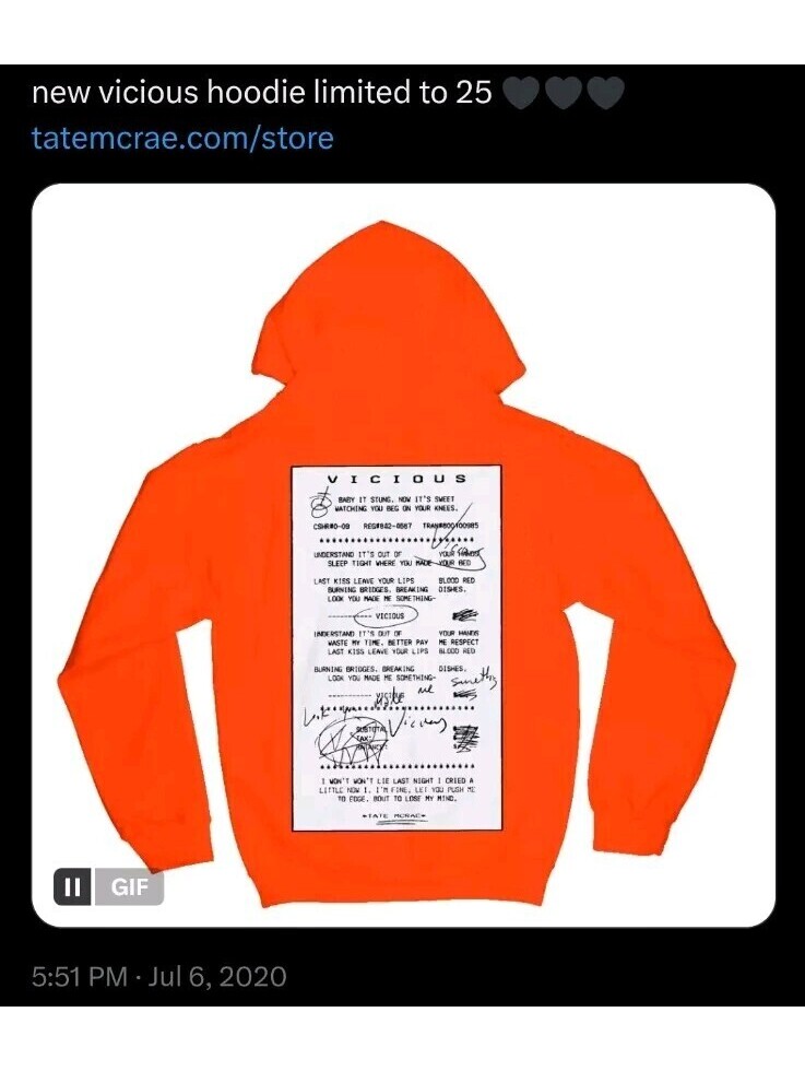 Euc Sz Medium Tate Mcrae Vicious Hoodie Orange Graphic Sweatshirt Limited To 25